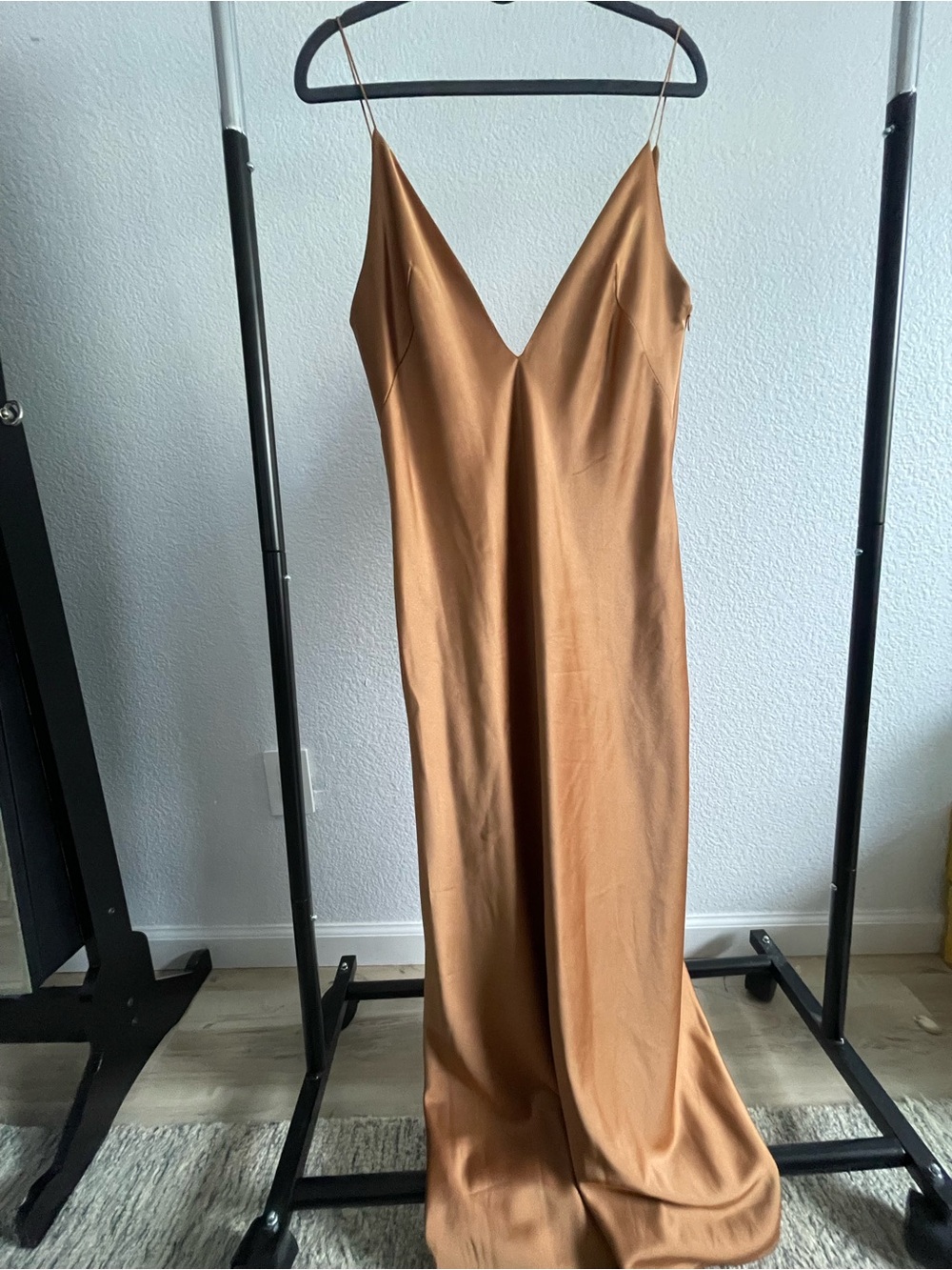 Zara Camel Slip Midi Dress with V-Neck